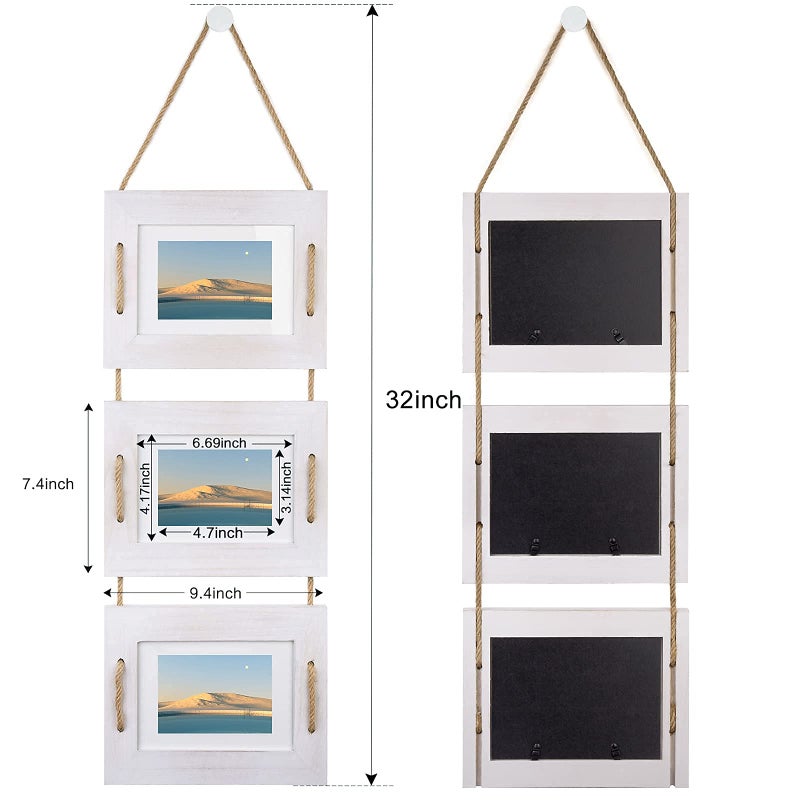 DLQuarts 5x7 Hanging Picture Frames Collage Wall Decor, 3-Opening Photo Frame 5x7 Without Mat & 3.5x5 with Mat, Rustic Wood 3-Frame, Vintage White - Image 5